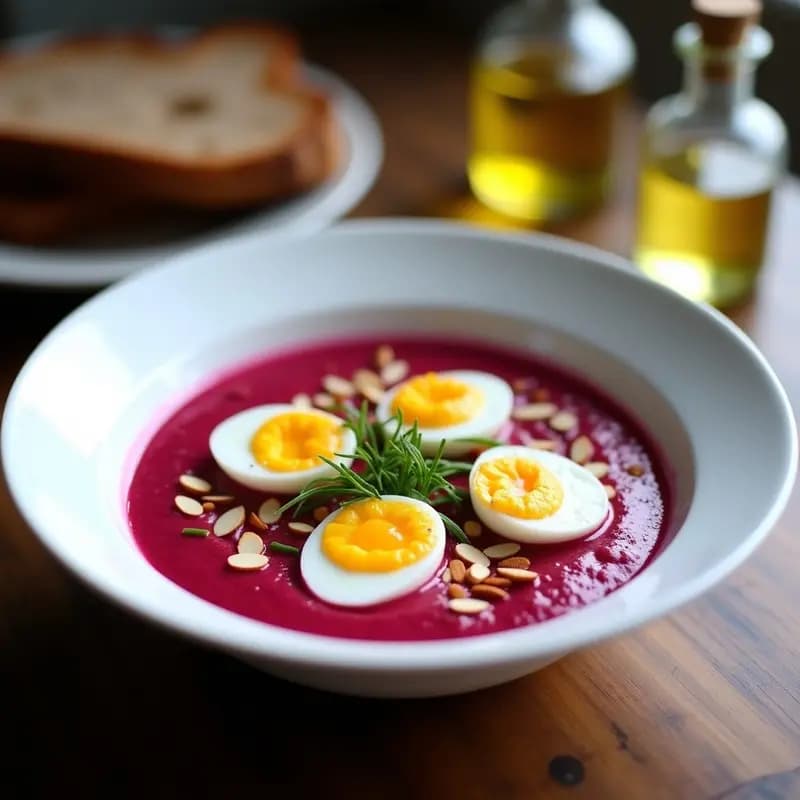 Cuenco blanco con salmorejo de remolacha de color magenta intenso, decorado con huevos de codorniz cocidos cortados por la mitad, almendras fileteadas tostadas y cebollino picado. Fondo borroso con pan de centeno y aceite de oliva.