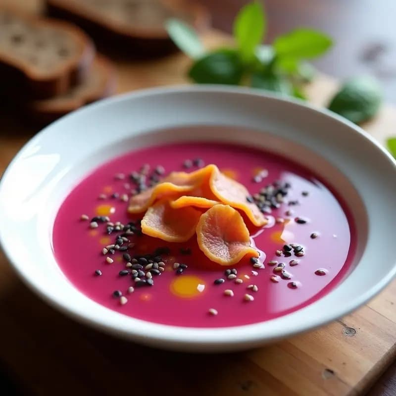Cuenco blanco con salmorejo de remolacha y manzana de color rosa intenso, decorado con crujiente de jamón dorado en trozos, semillas de sésamo negro y un hilo de aceite de oliva virgen extra sobre fondo rústico de madera.