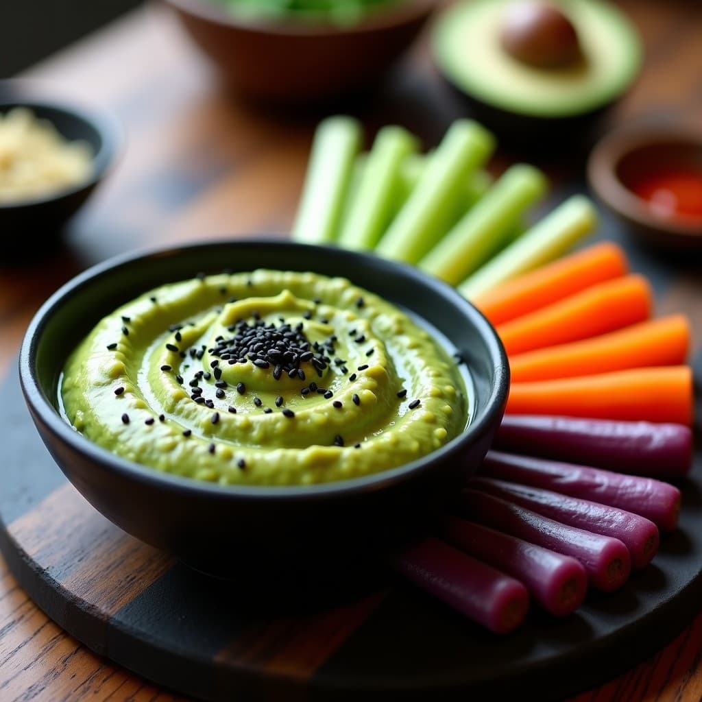 Bol de cerámica negra con salsa cremosa de aguacate y wasabi, decorada con semillas de sésamo negro y copos de alga nori. Acompañada de bastones de apio y zanahoria morada dispuestos en forma de abanico sobre una tabla de madera oscura. Receta de aperitivo japonés vegano.