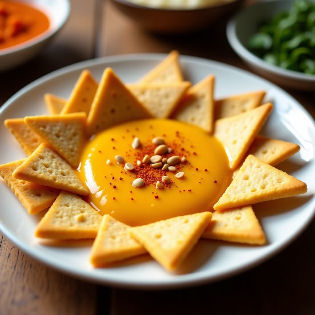 Plato blanco con salsa cremosa de aji amarillo y maní en el centro, rodeada de crujientes de maíz dorados en forma de triángulos. Decorado con semillas de sésamo y un toque de pimentón dulce, con fondo rústico de madera.