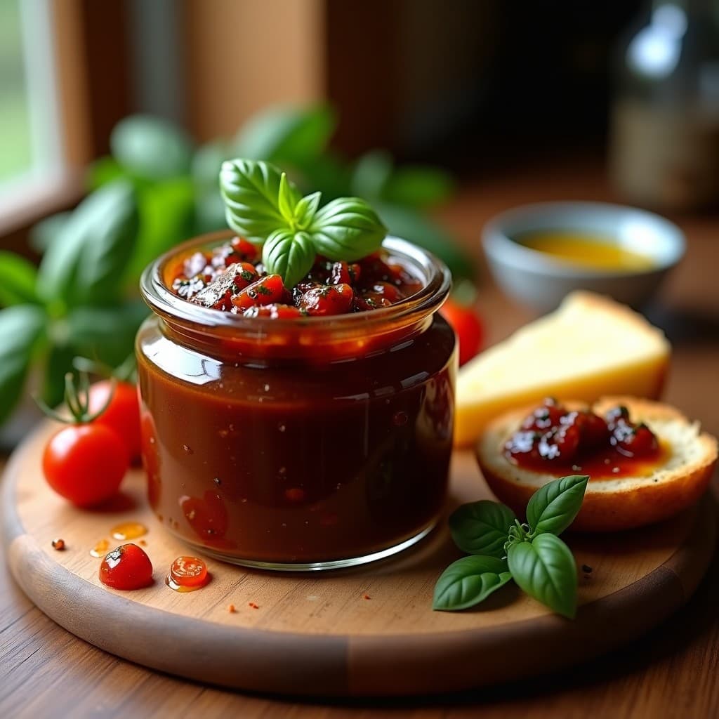 Tarro de cristal transparente con salsa de ajo negro y tomates secos, de color marrón oscuro con vetas rojizas, decorado con hojas de albahaca fresca y virutas de ajo negro. Fondo rústico con pan tostado y queso manchego en segundo plano.