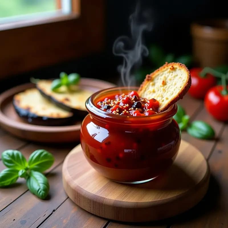 Tarro de cristal transparente lleno de salsa de ajvar con pimiento asado y ajo negro, de color rojo intenso con vetas oscuras. Acompañado de rodajas de pan tostado y hierbas frescas en un fondo rústico de madera, destacando su textura cremosa y brillante.