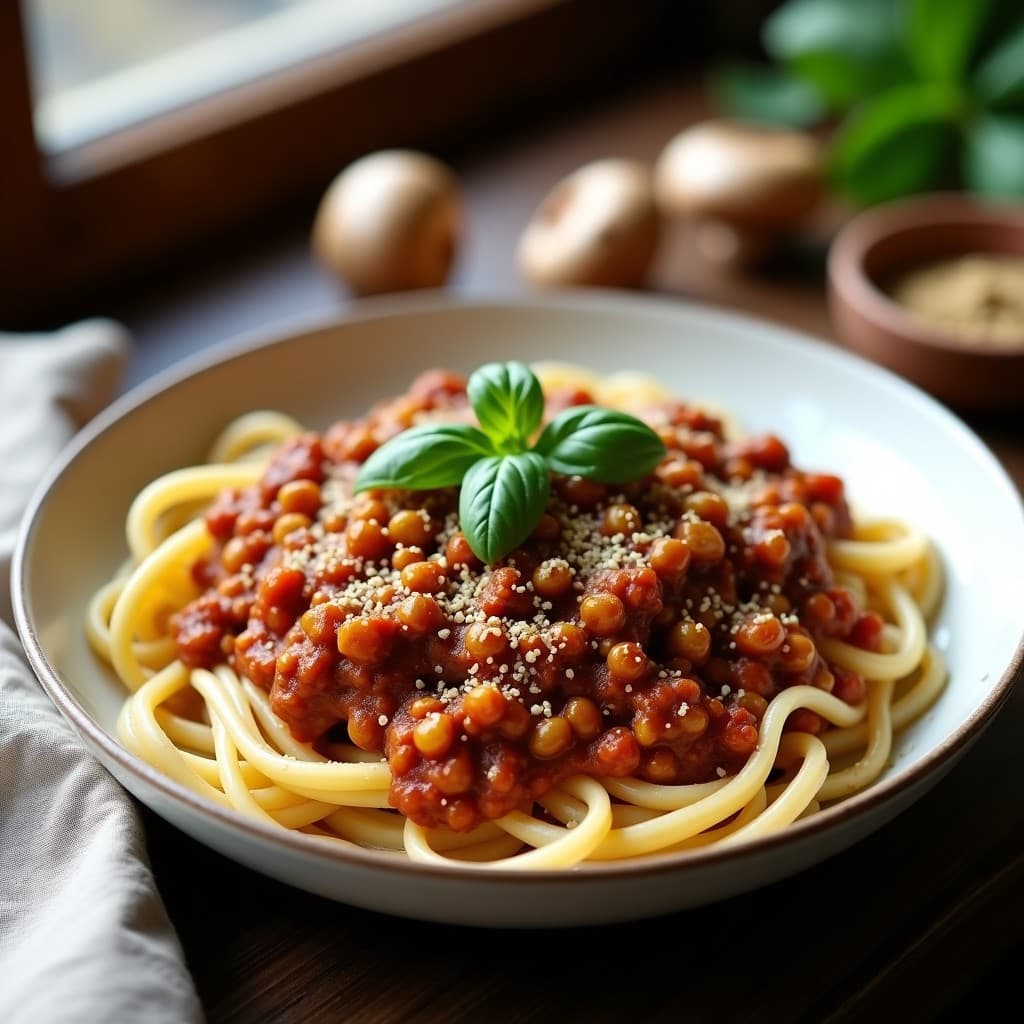 Plato de pasta integral con salsa bolognesa vegana de lentejas y hongos shiitake, espolvoreada con levadura nutricional y hojas de albahaca fresca, servida en bowl de cerámica blanca sobre fondo rústico de madera.