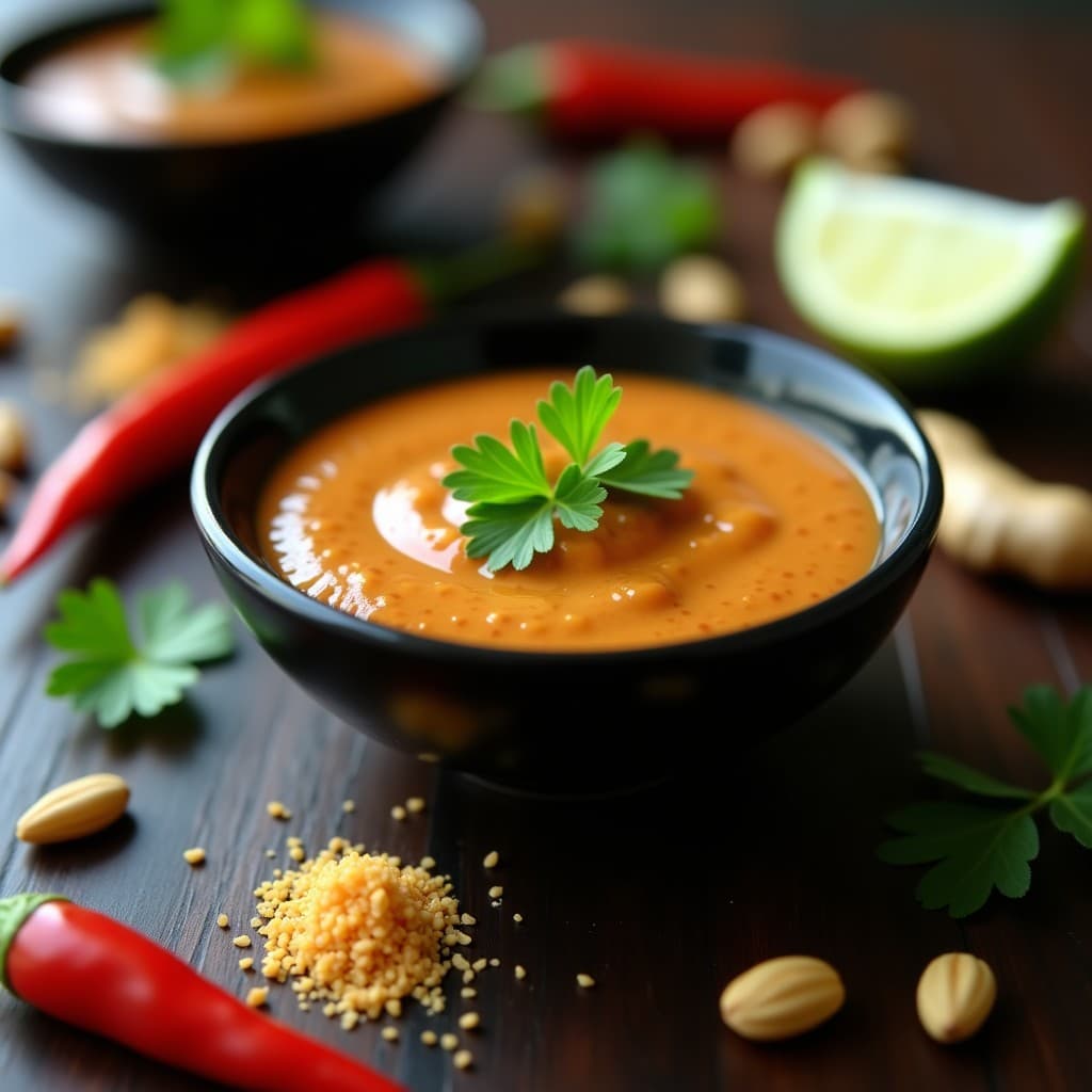 Bol de cerámica negro con salsa de cacahuete picante tailandesa, de textura cremosa y color marrón dorado, decorada con hojas de cilantro fresco y rodajas de lima kaffir. Fondo con ingredientes dispersos: chile rojo, jengibre rallado y cacahuetes tostados.