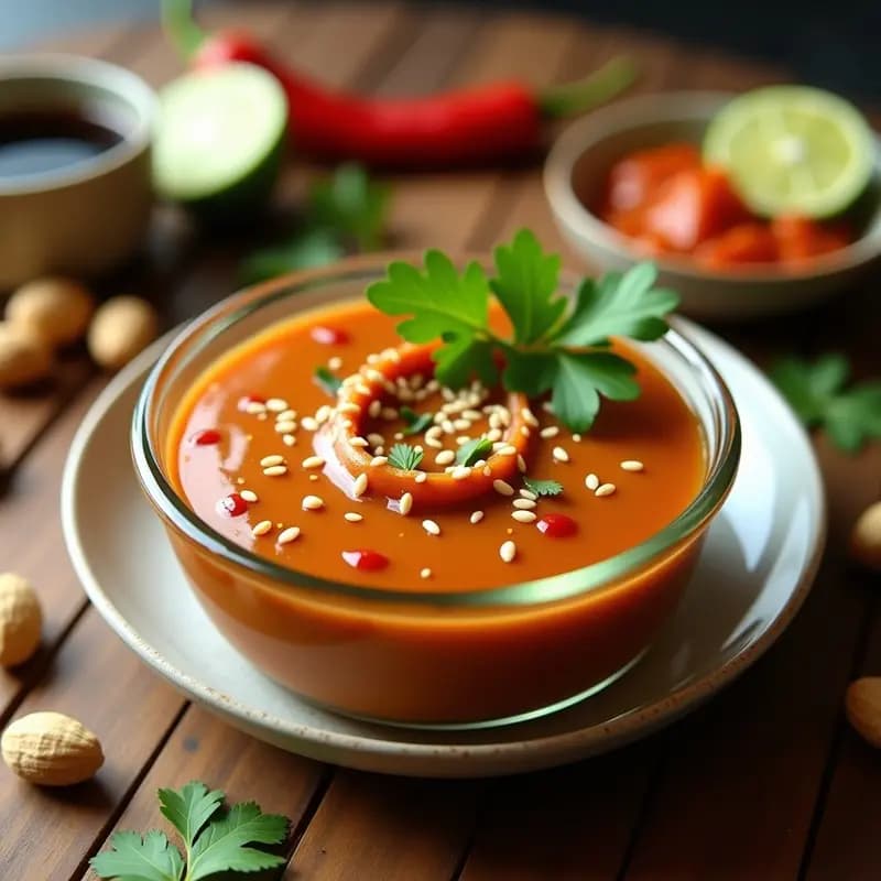 Tupper de vidrio transparente con salsa de cacahuete y tamarindo de color marrón dorado, textura cremosa y brillante, decorada con semillas de sésamo y hojas de cilantro fresco. Fondo con ingredientes dispersos: cacahuetes tostados, tamarindo, chile rojo y lima cortada.