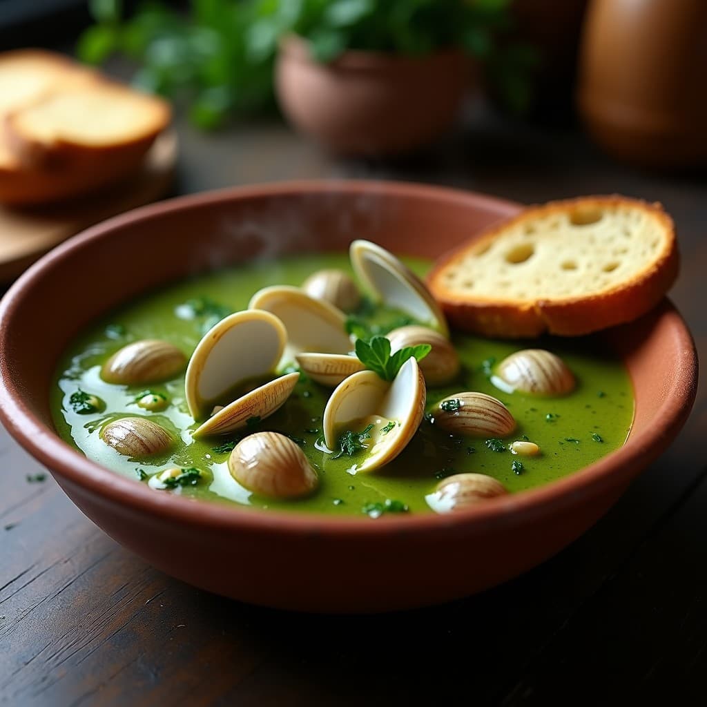 Cazuela de barro con salsa verde casera espesa, almejas abiertas y perejil fresco picado, servida con rebanada de pan tostado.