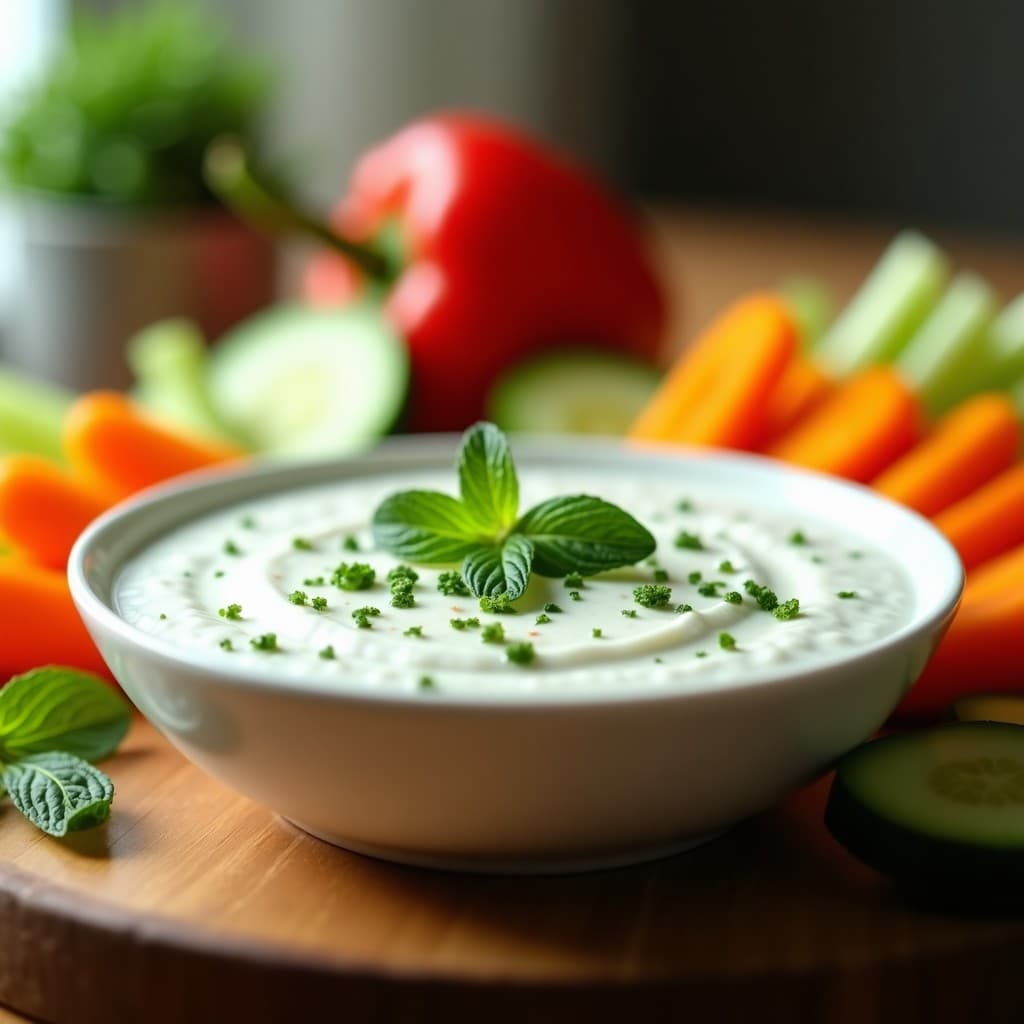 Bol de cerámica blanca con salsa de yogur vegano cremosa, trozos de pepino verde y hojas de menta fresca. Acompañada de bastones de zanahoria y apio para dippear, sobre fondo de madera rústica.