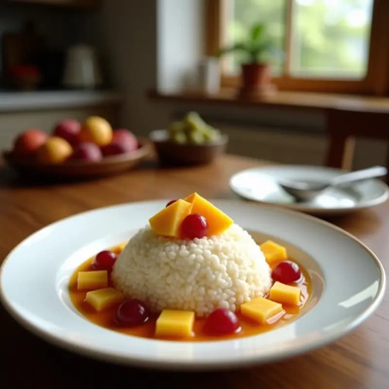 Vaso transparente con capas de arroz cremoso con coco, frutas tropicales coloridas (mango, maracuyá y guayaba) y coco rallado tostado en la parte superior, postre brasileño sin azúcar.
