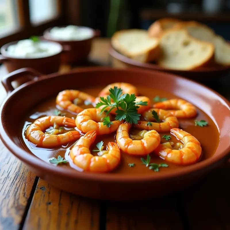 Plato hondo de barro con samba de camarones al ajillo y ajo negro, bañados en salsa espesa dorada con hilos de huevo cuajado, decorado con perejil fresco y acompañado de pan rústico.