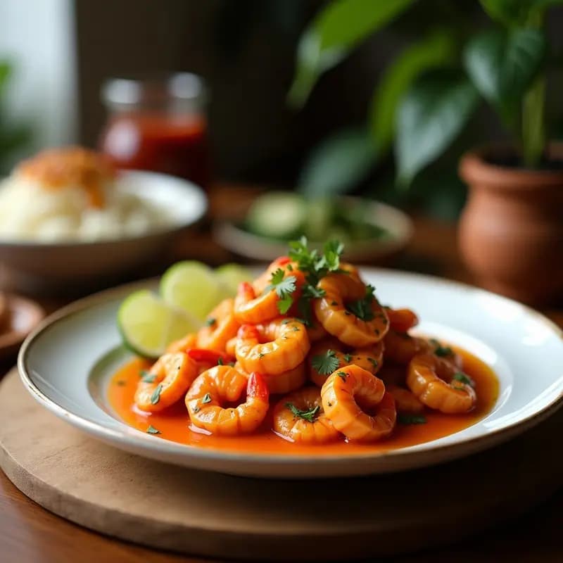 Plato blanco con Sambal Udang: gambas rosadas y brillantes bañadas en una salsa espesa de color rojo anaranjado, decoradas con cacahuetes triturados y cilantro fresco, acompañadas de arroz al vapor y rodajas de limón. Receta indonesia picante y aromática.