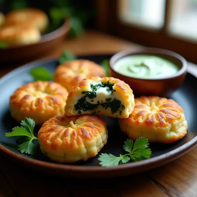 Samboosas doradas y crujientes de queso halloumi y espinacas sobre un plato de madera oscuro, con hojas de cilantro fresco y un bol pequeño de salsa de yogur al lado. Receta de aperitivo indio en airfryer.