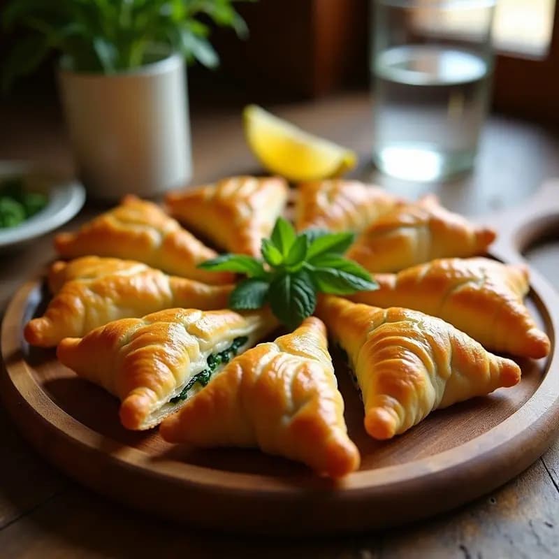 Sambousek dorados y crujientes rellenos de espinacas frescas y queso halloumi, servidos en bandeja de madera con hierbas frescas y limón al fondo, aperitivo libanés al horno.