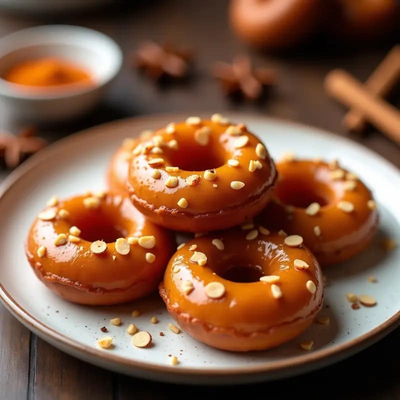 Donas coreanas Sambut Goguma de batata morada glaseadas con miel y almendras, doradas y esponjosas, servidas en un plato de cerámica blanca con especias espolvoreadas al fondo.