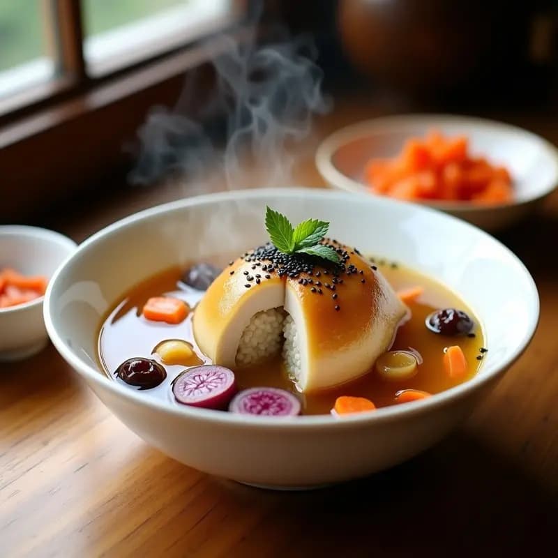 Bol grande de cerámica blanca con samgyetang coreano: pollo dorado relleno de arroz glutinoso cortado en porciones, sumergido en un caldo dorado y transparente con rodajas de ginseng, dátiles rojos y bayas de goji. Espolvoreado con semillas de sésamo y cebollino fresco. Plato tradicional energizante sobre mesa de madera rústica.