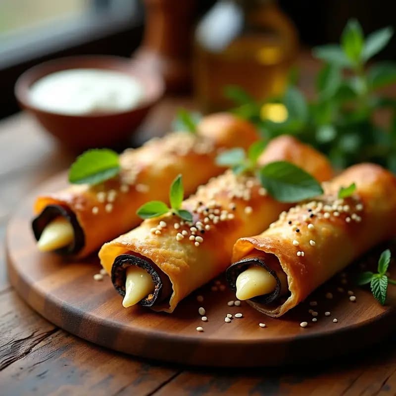 Sami Kebabo de berenjena y queso halloumi dorados y crujientes en airfryer, con capas de masa filó visibles, servidos en una tabla de madera con semillas de sésamo y zaatar espolvoreado. Aperitivo libanés tradicional con toque moderno.