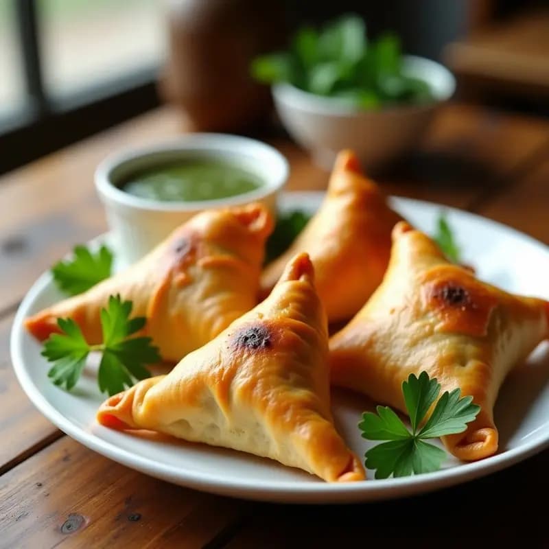 Samoosas doradas y crujientes de cumino y batata en una fuente de cerámica blanca, con hojas de cilantro fresco y un bol pequeño de chutney de menta al lado, receta sudafricana en airfryer.