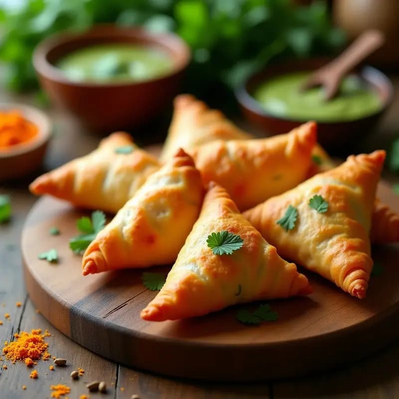 Samosas doradas y crujientes de batata y cilantro al horno, dispuestas en bandeja rústica de madera con hojas de cilantro fresco y chutney verde al lado. Aperitivo indio vegano sin freír.