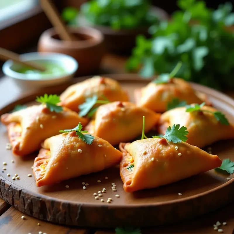 Samosas doradas y crujientes de batata dulce y espinacas sobre una bandeja de horno, con semillas de sésamo visibles en la superficie, acompañadas de chutney verde en un cuenco pequeño de cerámica. Receta pakistaní al horno sin aceite.