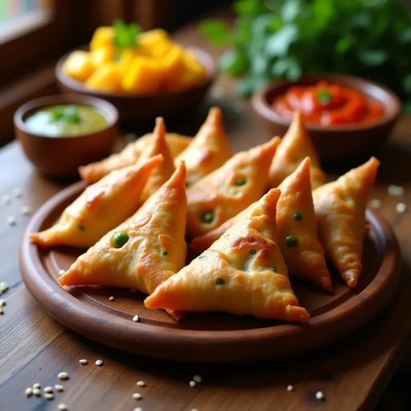 Samosas doradas y crujientes al horno rellenas de batata y guisantes, servidas en bandeja de madera con salsa de mango y chile en un bol pequeño, decoradas con cilantro fresco.