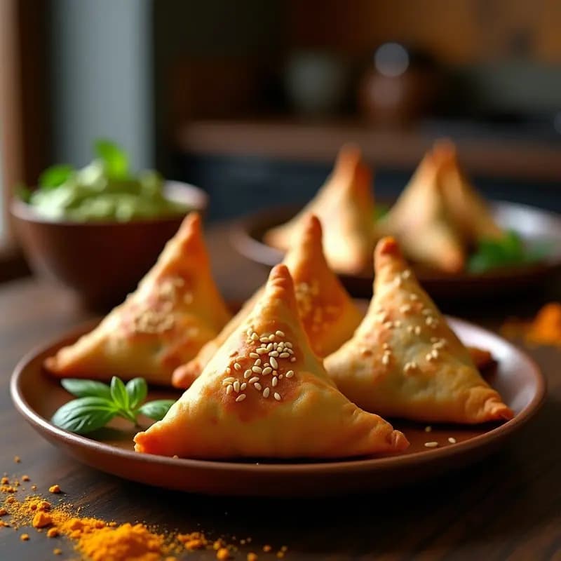 Samosa de batata y guisantes al horno con masala especiada, doradas y crujientes, dispuestas en una bandeja de madera con semillas de sésamo y acompañadas de chutney verde en un bol pequeño.