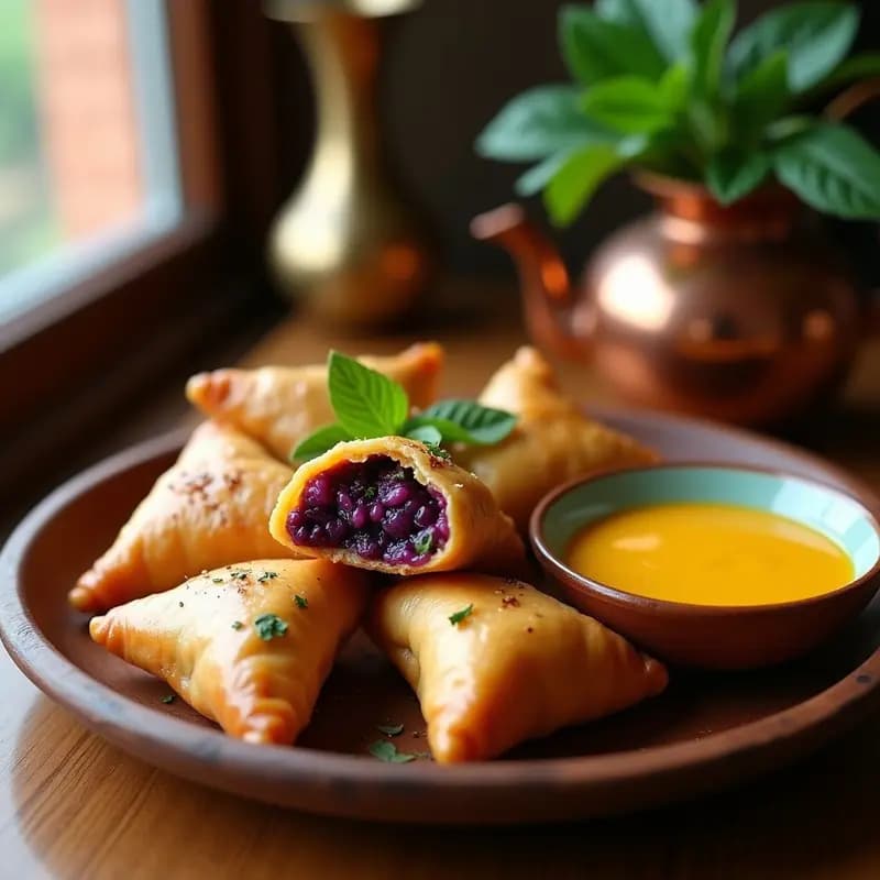 Samosa dorada y crujiente de batata morada y espinacas servida en un plato de madera rústico, acompañada de salsa de mango cremosa en un bol pequeño. El aperitivo indo-pakistaní resalta por su color morado vibrante en el relleno y su presentación tradicional.