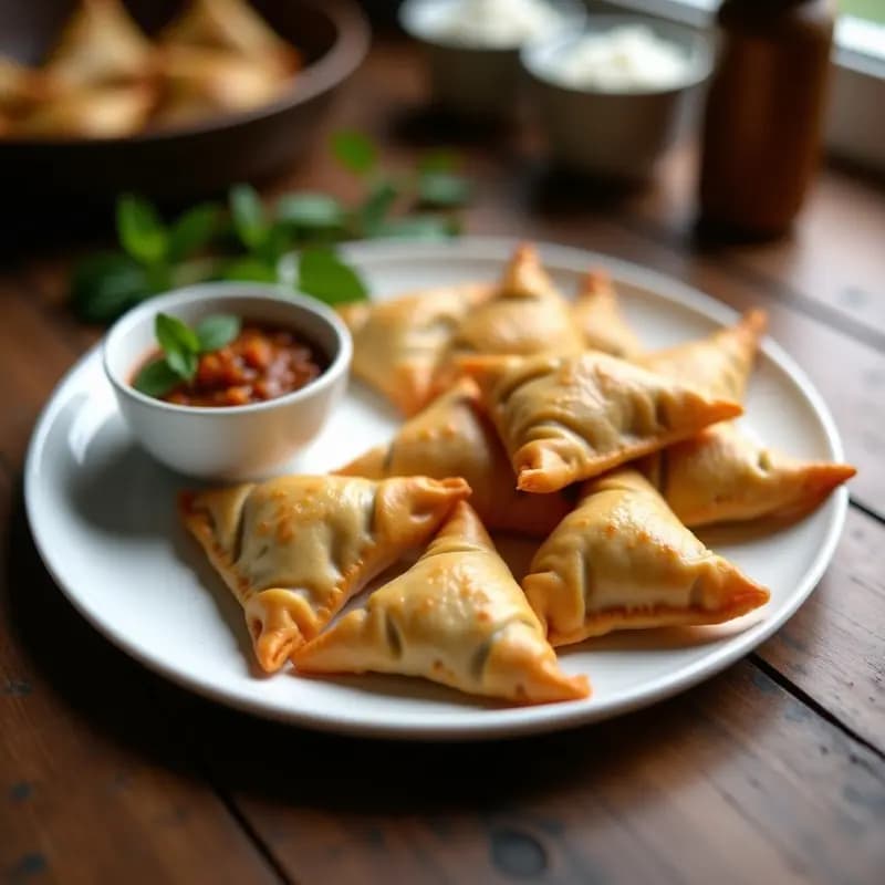 Samosas doradas y crujientes de boniato y espinacas servidas en plato blanco con salsa de tamarindo y menta al lado, entrada india en airfryer sin freír.