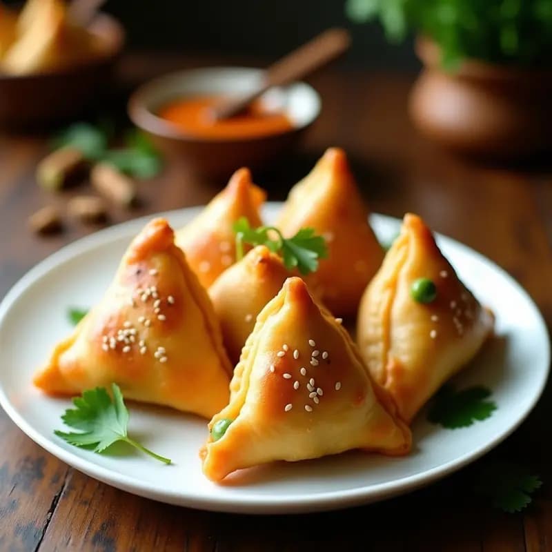 Samosas doradas y crujientes de boniato y guisantes dispuestas en un plato de cerámica blanca, con semillas de sésamo por encima y hojas de cilantro fresco. Fondo con especias indias y un bol pequeño de chutney de tamarindo.