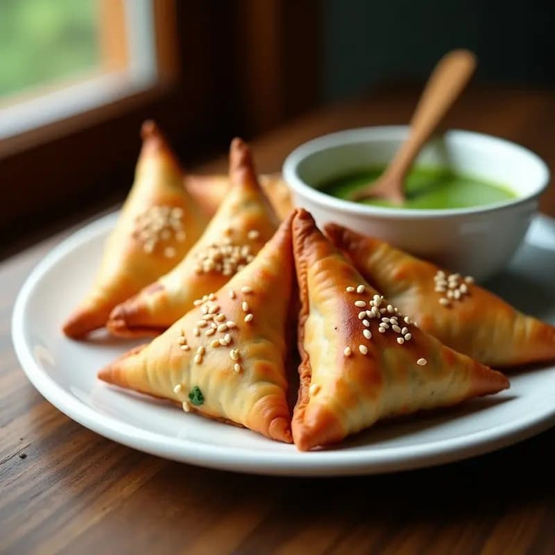 Samosas doradas y crujientes de camote y espinacas en airfryer, servidas en plato de cerámica blanca con chutney verde al lado, aperitivo indio vegano sin freír.