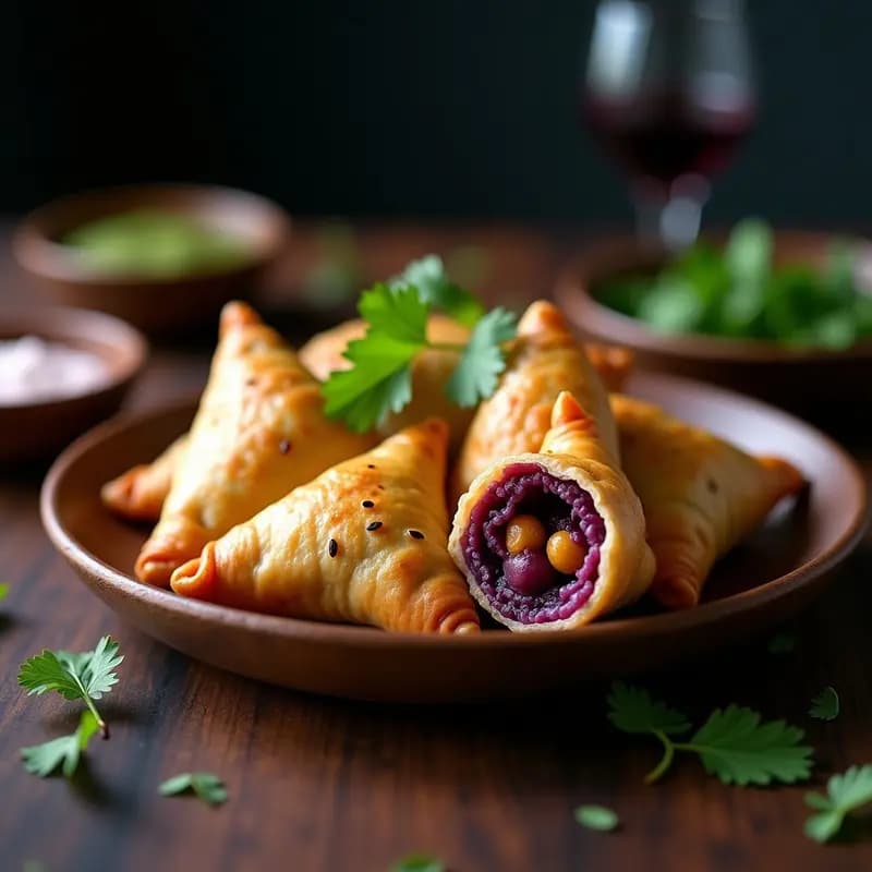 Samosas doradas y crujientes de camote morado y garbanzos servidas en un plato de cerámica blanca, con semillas de sésamo visibles en la superficie y un fondo de especias indias.