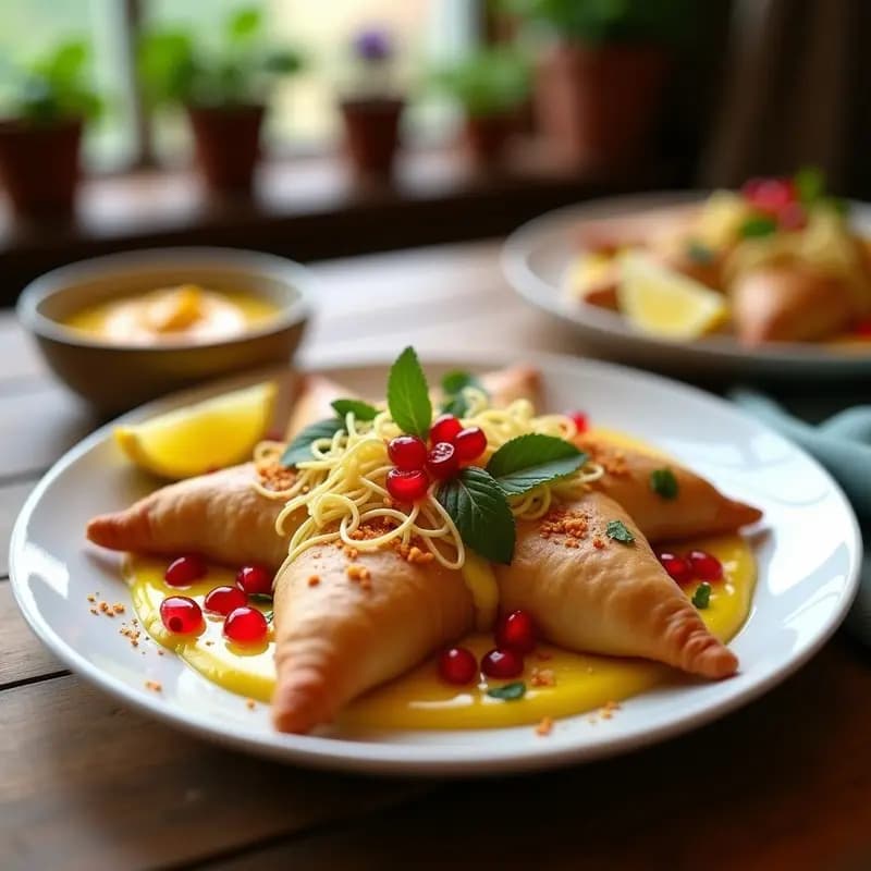 Plato hondo de cerámica blanca con Samosa Chaat con Yogur de Mango: trozos dorados y crujientes de samosa horneada, bañados en yogur cremoso de color amarillo pálido, decorados con semillas de granada rojas, sev crujiente, hojas de menta fresca y chutney verde. Fondo rústico con especias indias dispersas.
