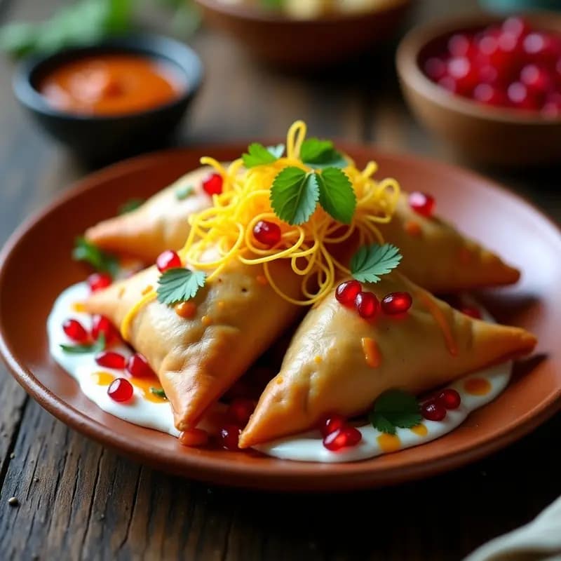 Samosa Chat Indiana con Yogur de Soja y Granadas: Aperitivo Crujiente y Vegano