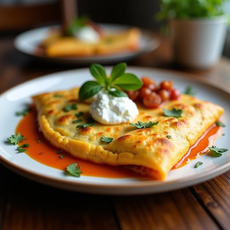 Samosas doradas y crujientes de col rizada y queso paneer servidas en un plato de barro, con hojas de cilantro fresco y un bol de salsa de yogur al lado. Receta india en airfryer sin freír.