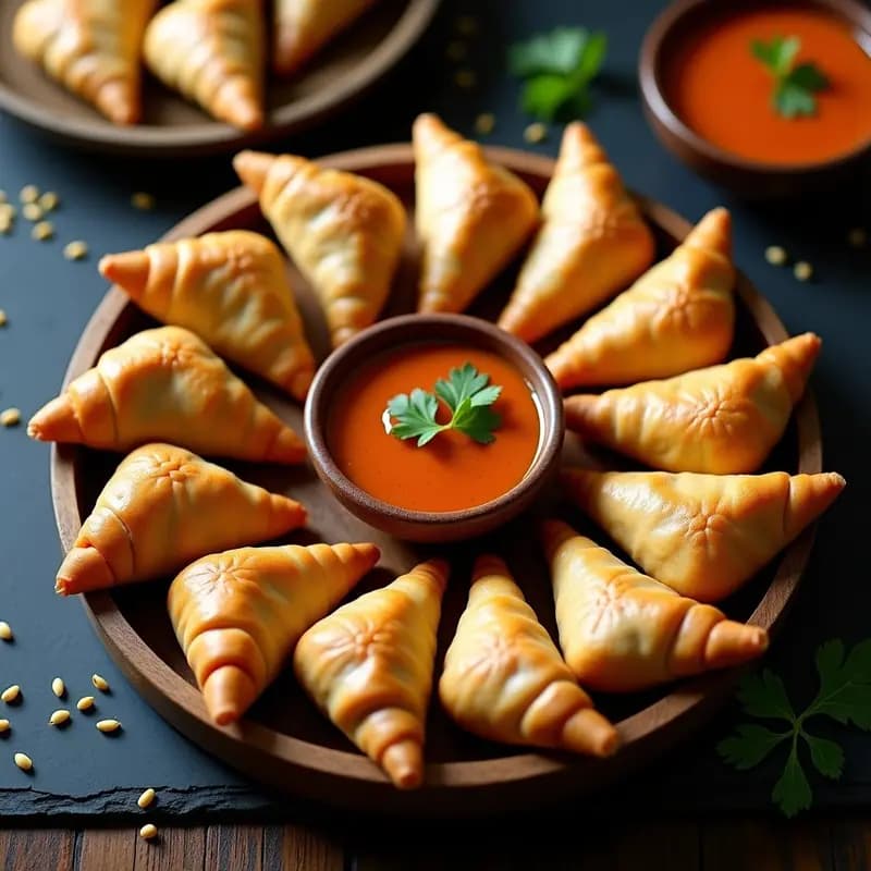 Samosas doradas y crujientes de col y zanahoria al horno, dispuestas en una bandeja de madera con salsa de tamarindo y mentol en un bol pequeño al lado. Decoradas con hojas de cilantro fresco.