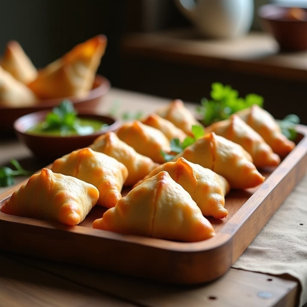 Samosas doradas y crujientes de coliflor y garbanzos en olla express, dispuestas en bandeja de madera con hojas de cilantro fresco y chutney verde al lado. Receta vegana y sin freír.