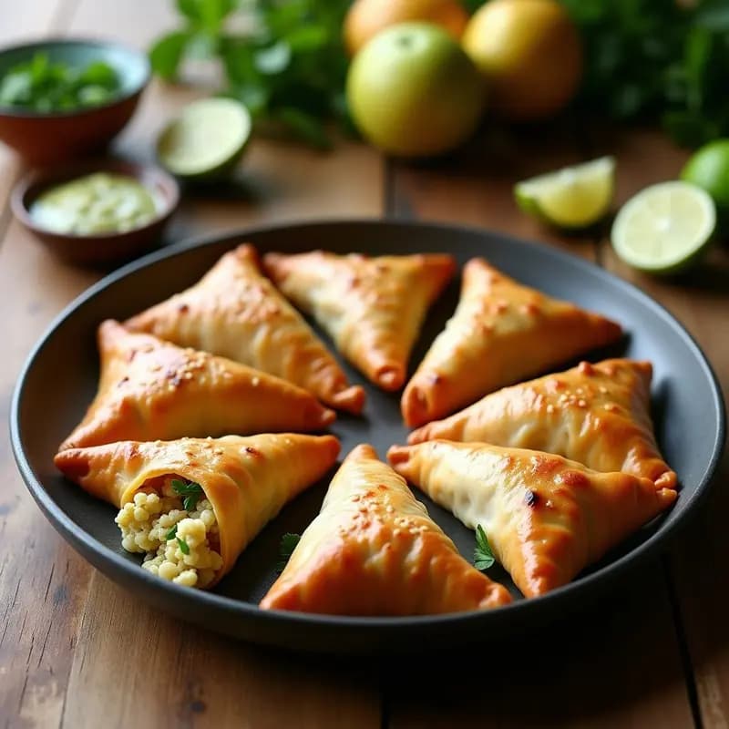 Bandeja de samosas doradas al horno con relleno de coliflor y guanábana, espolvoreadas con semillas de sésamo, sobre papel de horno rústico. Receta vegana india con toque dulce-salado.