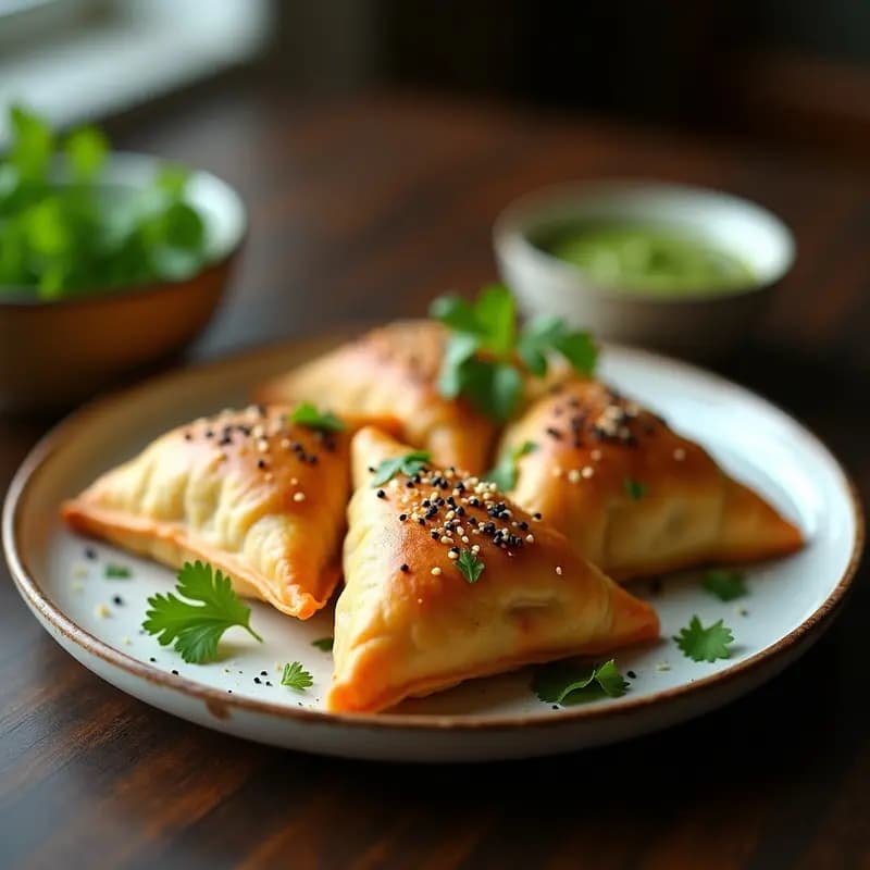 Samosas doradas y crujientes de coliflor y guisantes con envoltura de harina de almendra y coco, servidas en un plato de cerámica blanca con semillas de sésamo negro y hojas de cilantro fresco, receta vegana y baja en carbohidratos.