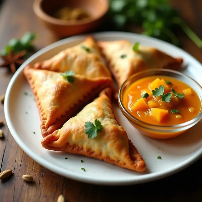 Samosas de coliflor al horno doradas y crujientes, con relleno de coliflor asada y especias, servidas sobre un plato blanco con chutney de mango picante de color naranja brillante y cilantro fresco. Receta india keto sin frito.