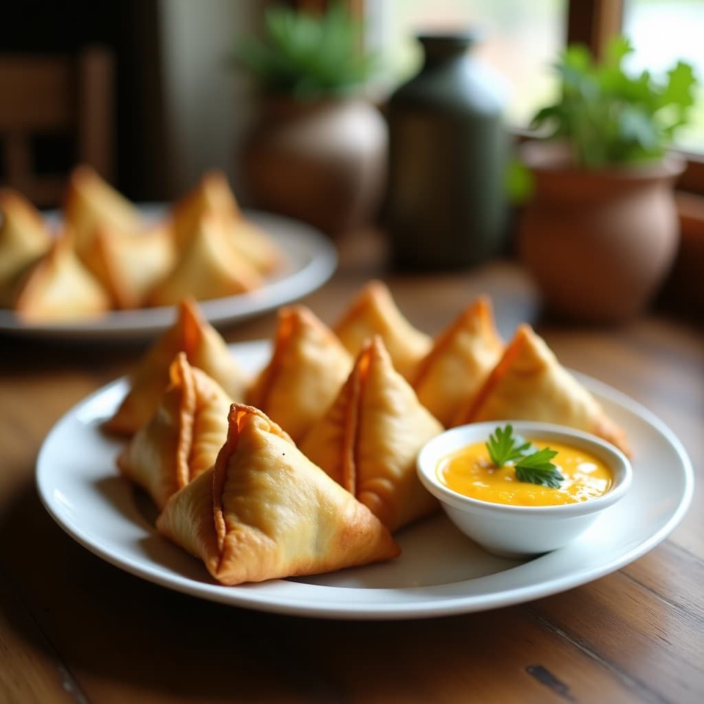 Samosas doradas y crujientes rellenas de coliflor y pasas, servidas en un plato blanco con un bol de dip de mango cremoso a un lado, decoradas con cilantro fresco.