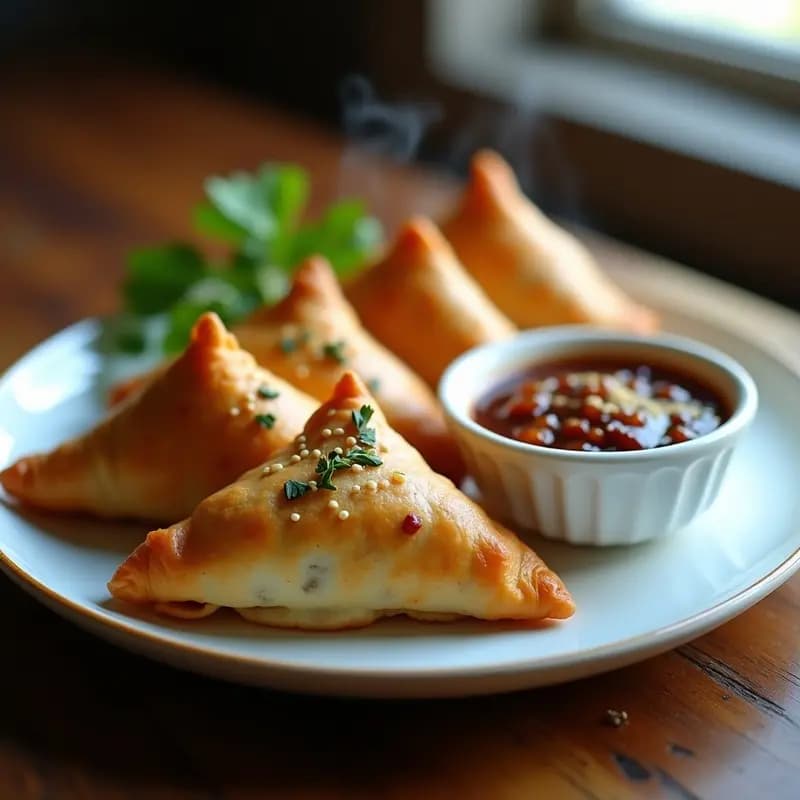 Samosas doradas y crujientes rellenas de cordero y higos, servidas en un plato de cerámica blanca con salsa de tamarindo espesa y semillas de sésamo. Receta pakistaní en airfryer.