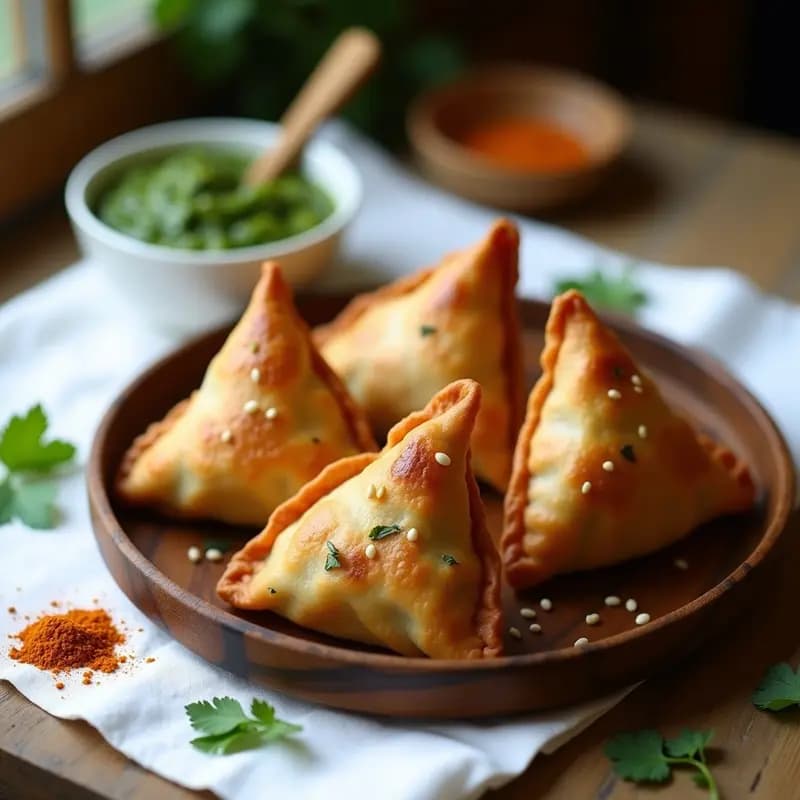 Samosas de espinaca y queso paneer al horno, doradas y crujientes, dispuestas en una bandeja de madera con semillas de sésamo. Acompañadas de chutney verde de cilantro en un bol pequeño, sobre un mantel de lino blanco con especias indias esparcidas.