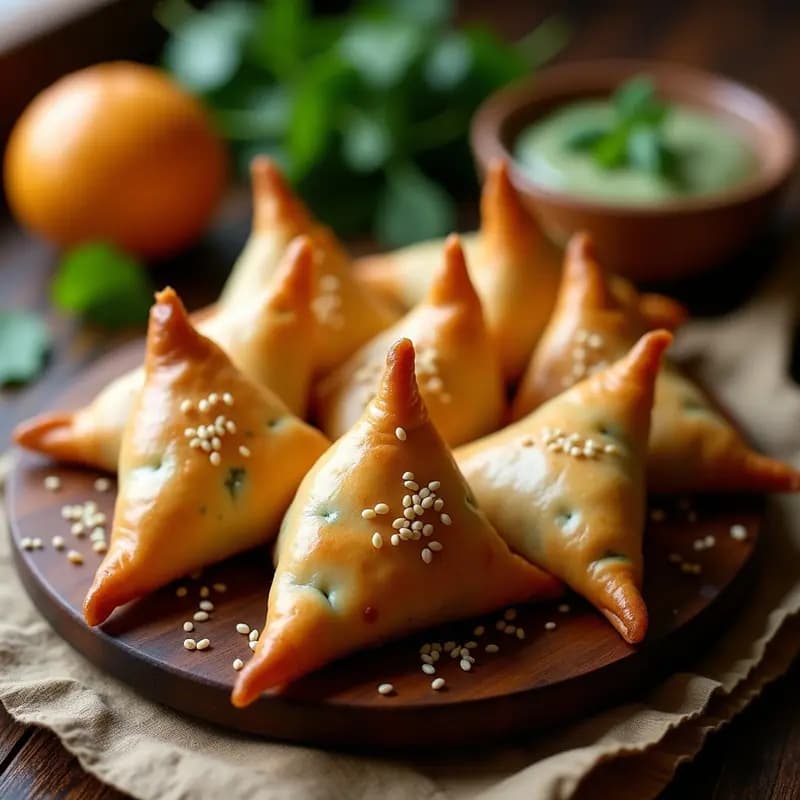 Samosas doradas y crujientes al horno, rellenas de espinacas y queso halloumi, con semillas de sésamo y servidas en bandeja de madera con chutney de menta.