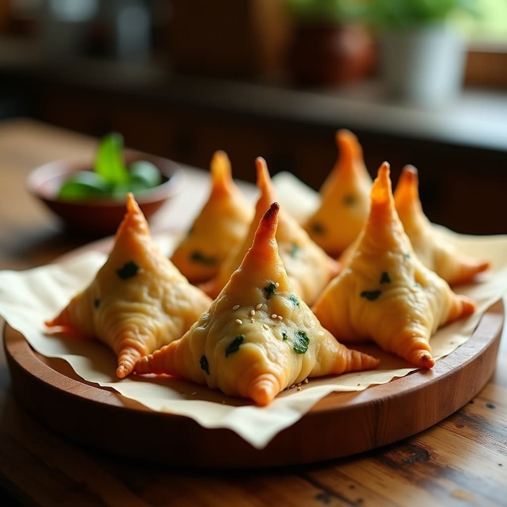 Samosas doradas y crujientes de espinacas y queso paneer al horno, servidas en bandeja de madera con chutney de menta al lado, receta india sin fritura y alta en calcio.