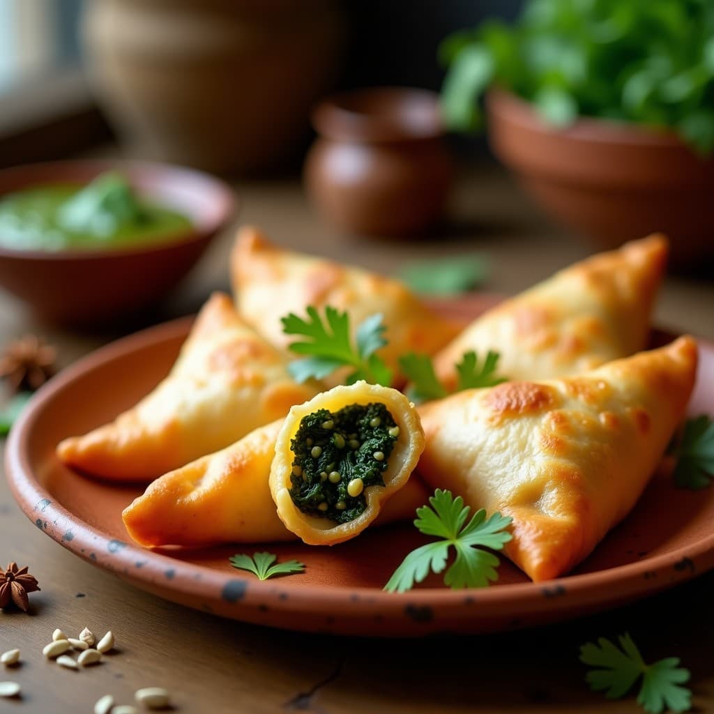 Samosa de espinacas y queso paneer doradas y crujientes, con forma de media luna, dispuestas en un plato de barro con chutney verde al lado. Receta india tradicional hecha en Thermomix.
