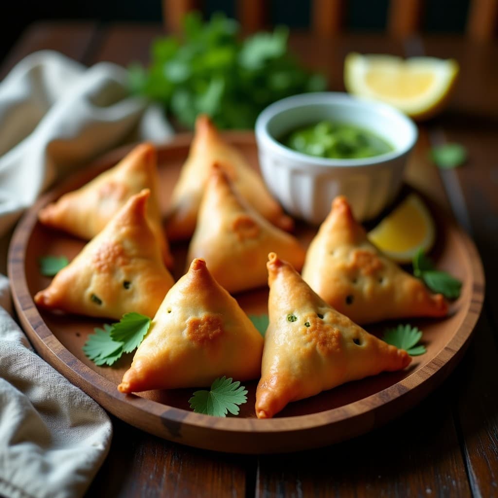 Samosas doradas y crujientes de garbanzo y espinaca al horno, dispuestas en una bandeja de madera con hierbas frescas y un cuenco de chutney verde al lado, receta vegana y sin gluten.