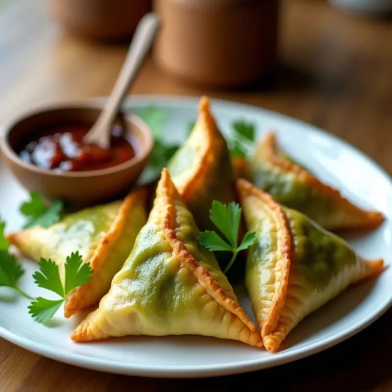Samosas doradas y crujientes de garbanzo y espirulina, con un color verde azulado característico, servidas en un plato de cerámica blanca junto a un bol pequeño de chutney de tamarindo brillante. Decoradas con hojas de cilantro fresco y rodajas de limón al fondo.