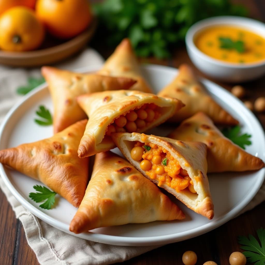 Samosas doradas y crujientes de garbanzos y batata al horno, servidas en un plato de cerámica blanca con chutney de mango en un bol pequeño aparte. Decoradas con hojas de cilantro fresco y garbanzos enteros. Receta vegana india.