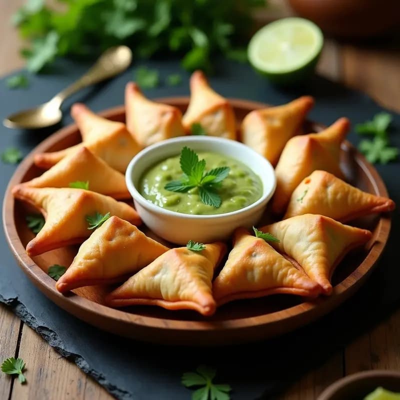 Samosas doradas y crujientes de guisantes y zanahoria picante, servidas en bandeja de madera con salsa de menta verde cremosa y hojas frescas de cilantro. Receta vegana y sin gluten de empanadillas indias.