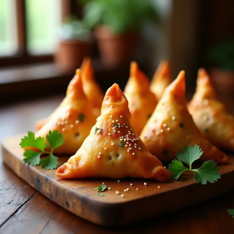 Samosas indias doradas y crujientes al horno, rellenas de batata naranja y guisantitos, con semillas de sésamo por encima. Servidas en una bandeja de madera con hojas de cilantro fresco como decoración.