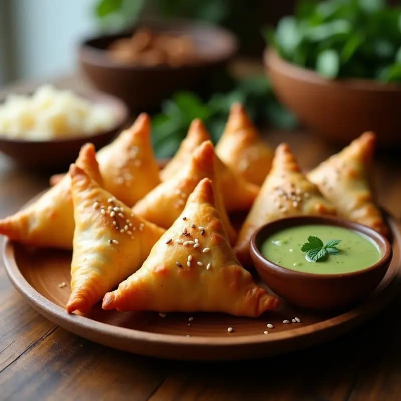 Samosas doradas y crujientes de patata y guisantes en airfryer, con semillas de sésamo espolvoreadas, servidas en un plato de madera con chutney verde al lado.