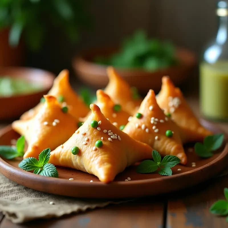Samosas crudiveganas de patata y guisantes con masa de garbanzo, doradas y crujientes, dispuestas en un plato de madera con hojas de menta fresca y semillas de sésamo, receta india sin gluten.